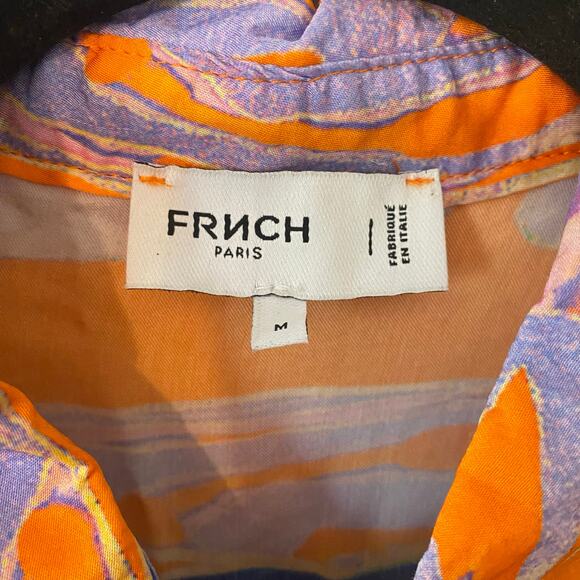 FRNCH Paris Orange Blue Short Sleeve Button Down Shirt Women\'s size Medium